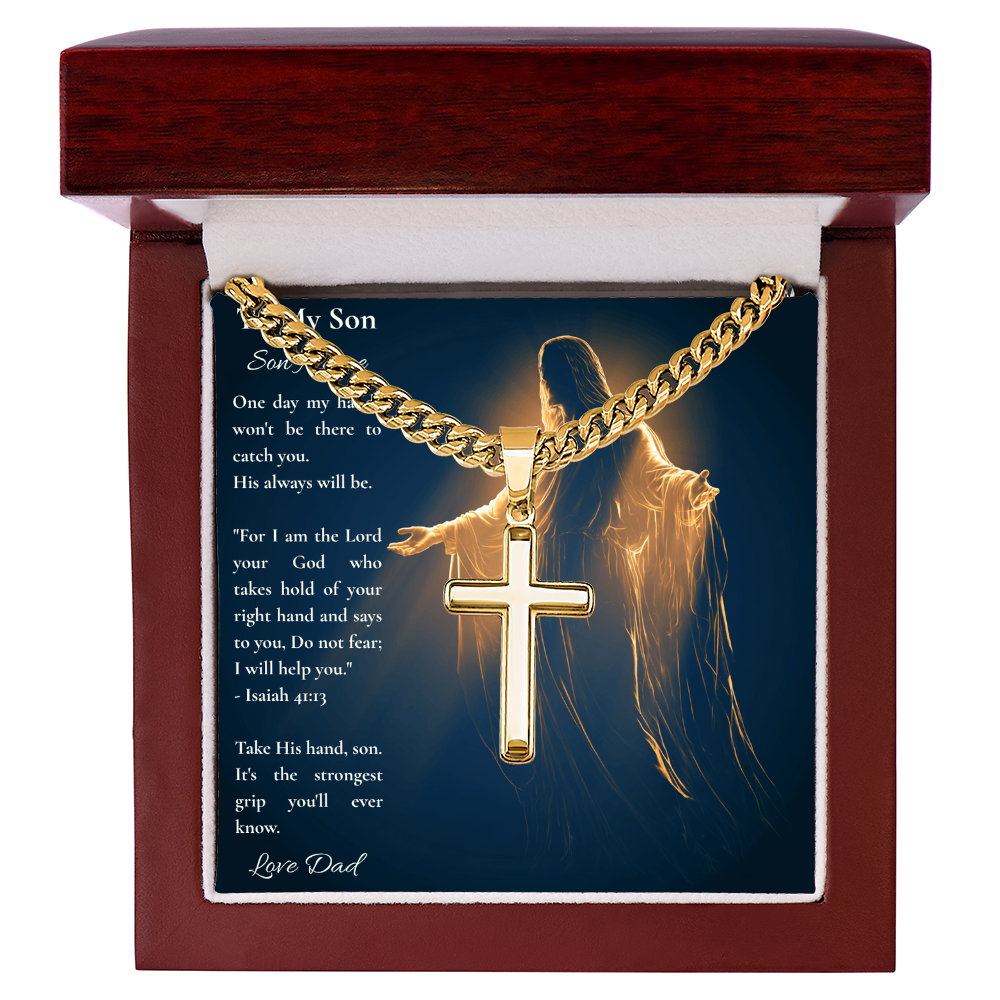 Silver Cuban link cross necklace and To My Son card in a mahogany luxury box, top view