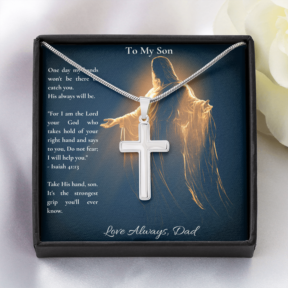 To My Son – "Take His Hand" Artisan Cross Necklace with Snake Chain | Faith Gift From Dad With Isaiah 41:13 Message Card