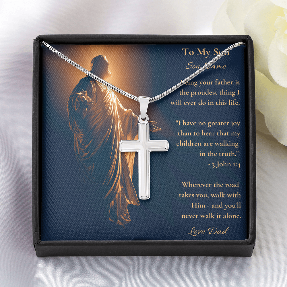 Stainless steel cross necklace and dad-to-son message card in a mahogany luxury gift box