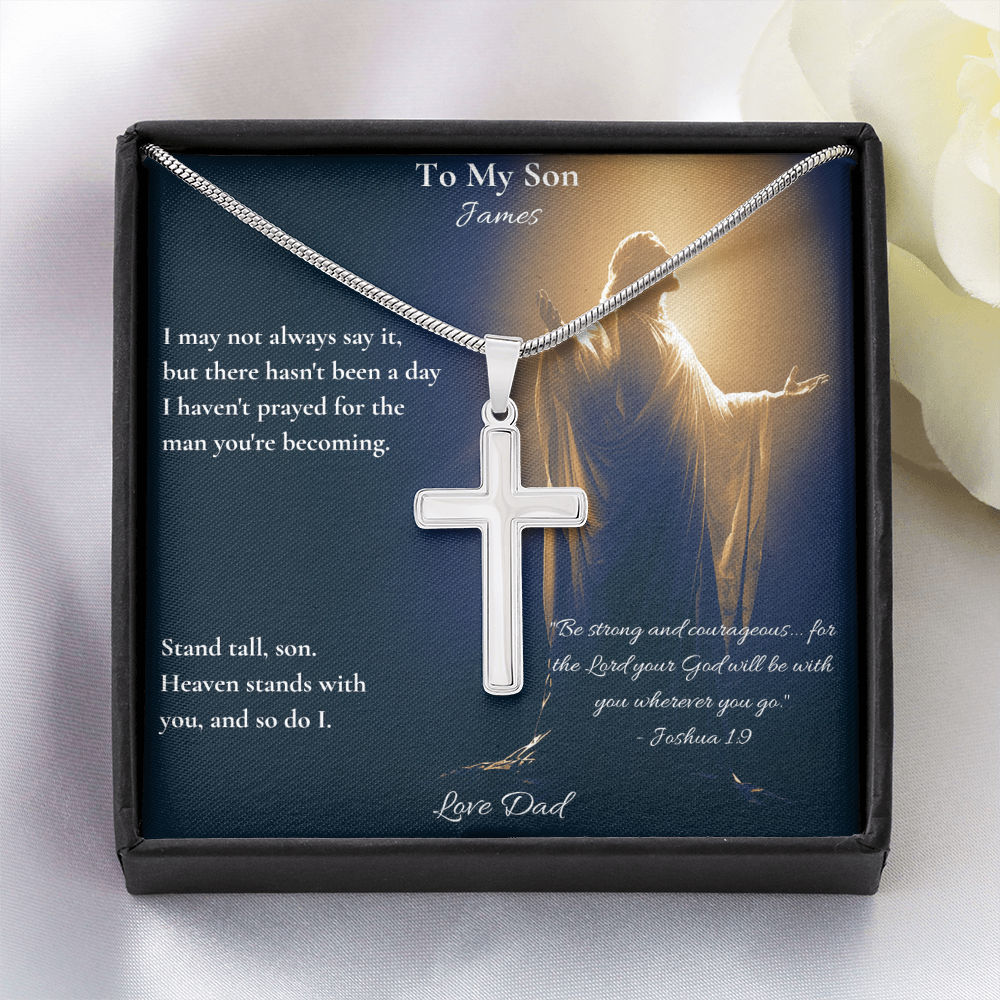 Stainless steel cross necklace and son card with Joshua 1:9 in a gift box