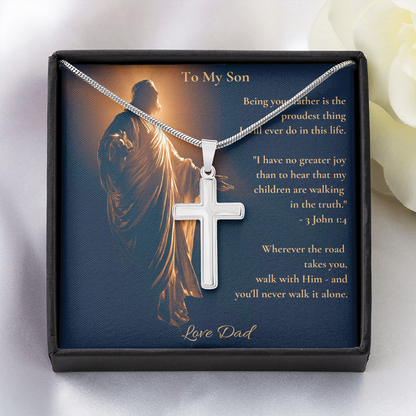To My Son – "Walk With Him" Artisan Cross Necklace | Faith Gift From Dad With Bible Verse Message Card