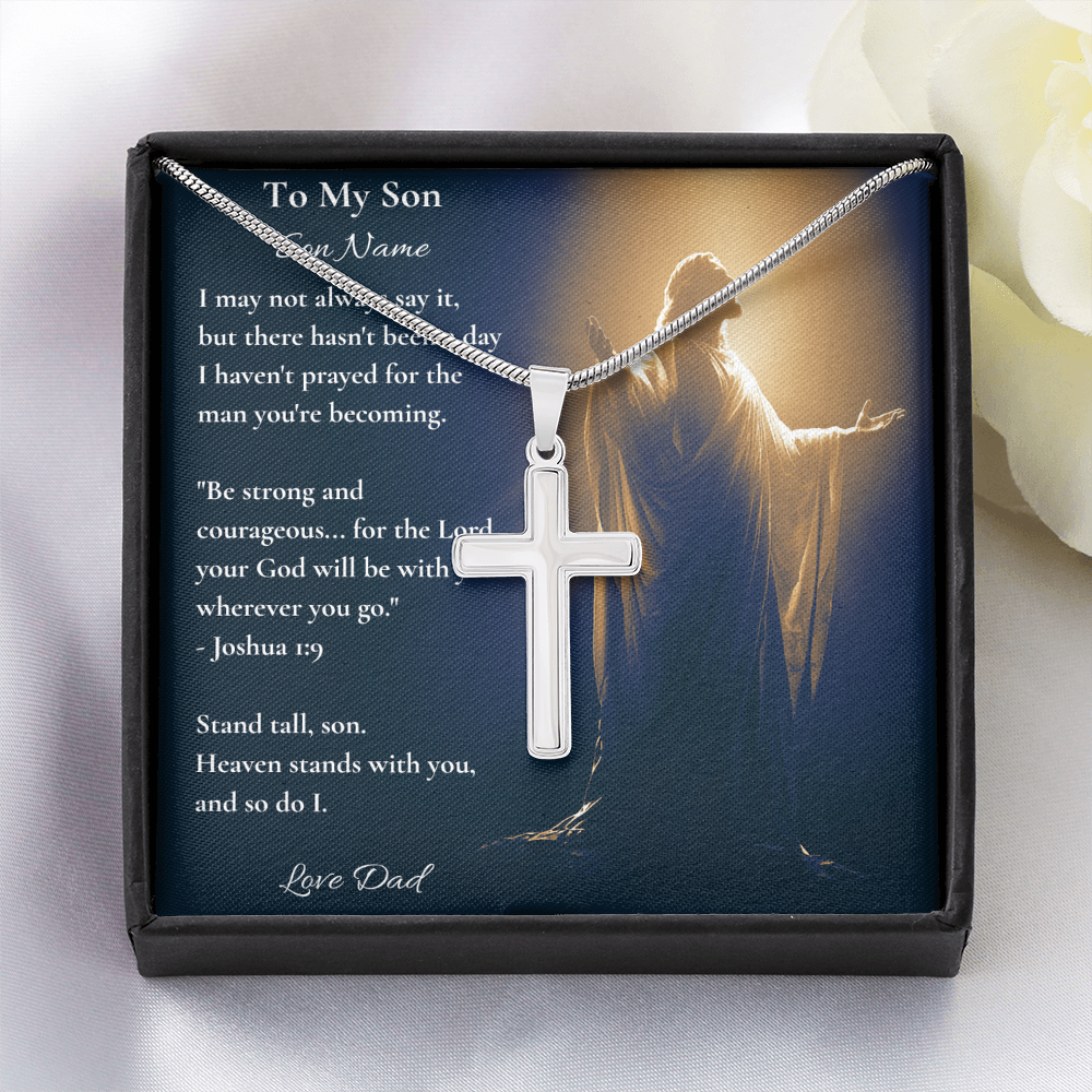 Stainless steel cross necklace and dad-to-son card with Joshua 1:9 in a gift box