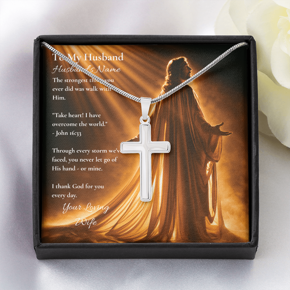 Stainless steel cross necklace and husband card with John 16:33 in a mahogany box