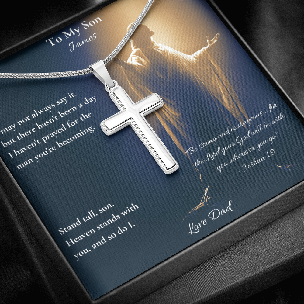 Silver cross pendant necklace on a To My Son message card, warm background