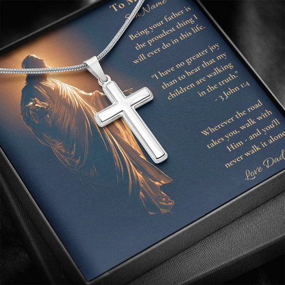 Silver cross pendant necklace on a To My Son card with a praying figure design