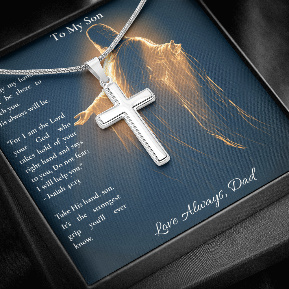 To My Son – "Take His Hand" Artisan Cross Necklace with Snake Chain | Faith Gift From Dad With Isaiah 41:13 Message Card