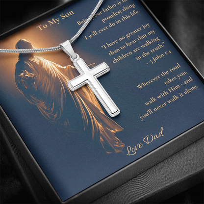 To My Son – "Walk With Him" Artisan Cross Necklace | Faith Gift From Dad With Bible Verse Message Card