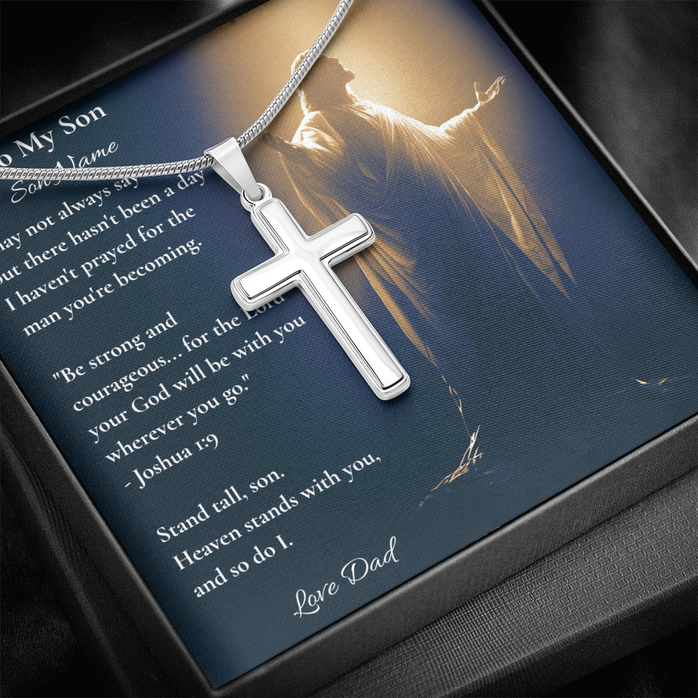Silver cross pendant necklace on a To My Son message card, dark background