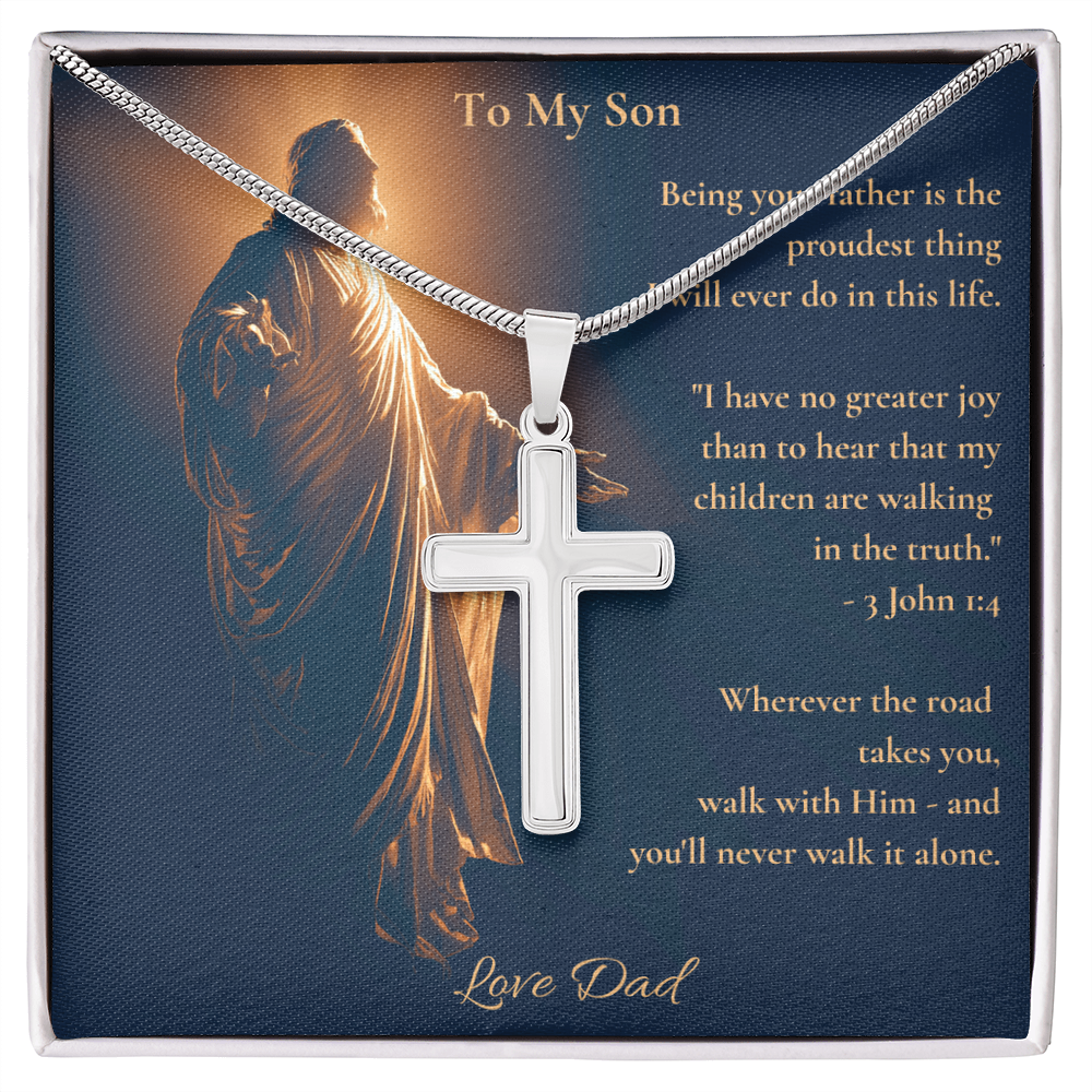 To My Son – "Walk With Him" Artisan Cross Necklace | Faith Gift From Dad With Bible Verse Message Card