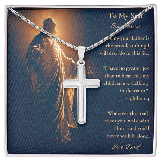 Personalised cross necklace on a To My Son card with 3 John 1:4, a Christian gift from dad