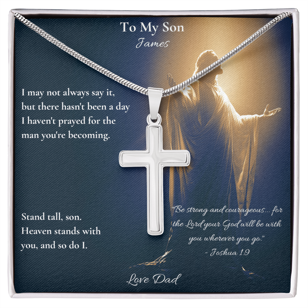 Personalized cross necklace on a To My Son card with Joshua 1:9, a be strong and courageous gift from dad