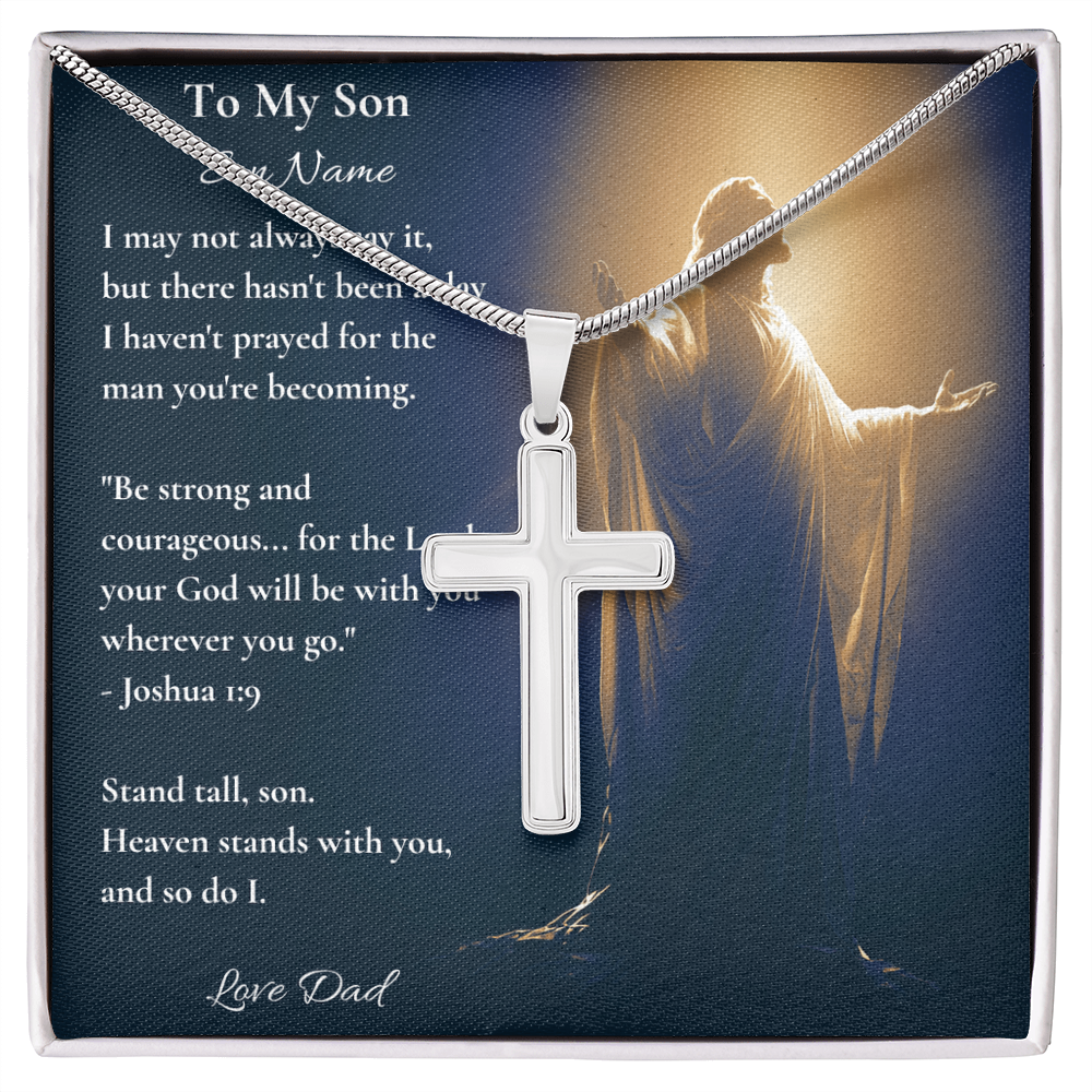 Personalised cross necklace on a To My Son card with Joshua 1:9, a Christian gift from dad