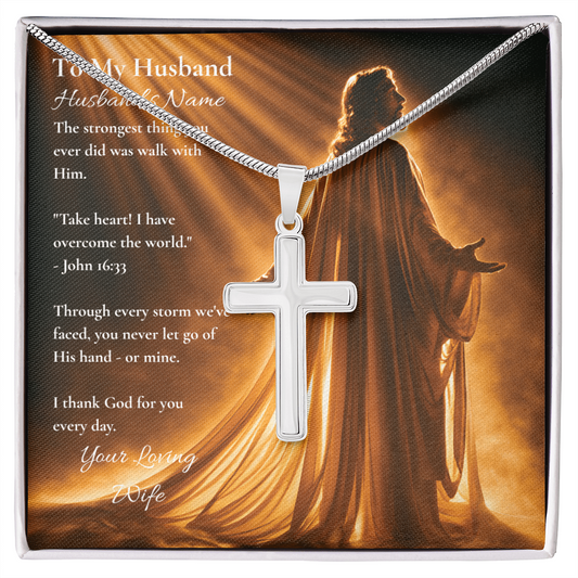 Personalized cross necklace on a To My Husband card with John 16:33, a Christian gift from wife