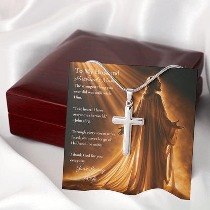 Stainless steel cross necklace and To My Husband card beside an open mahogany box