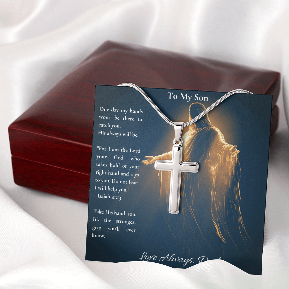 To My Son – "Take His Hand" Artisan Cross Necklace with Snake Chain | Faith Gift From Dad With Isaiah 41:13 Message Card