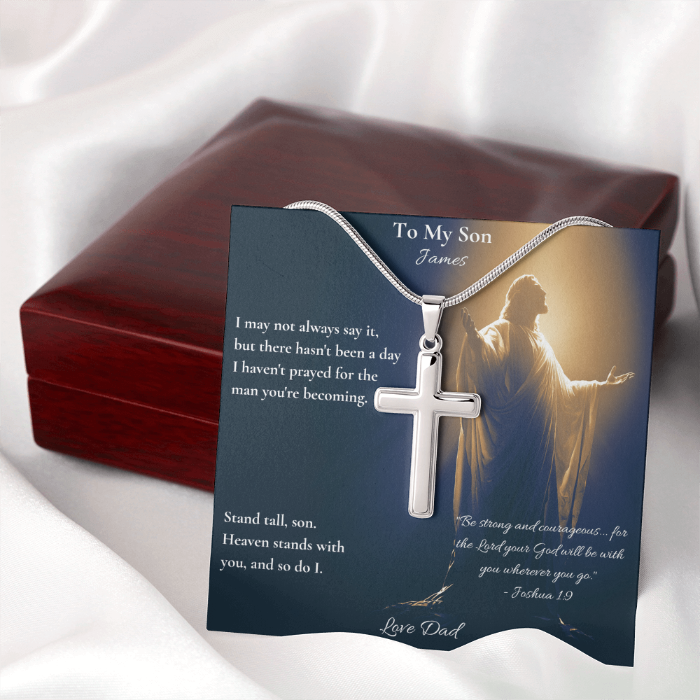 Stainless steel cross necklace and To My Son card beside an open mahogany box