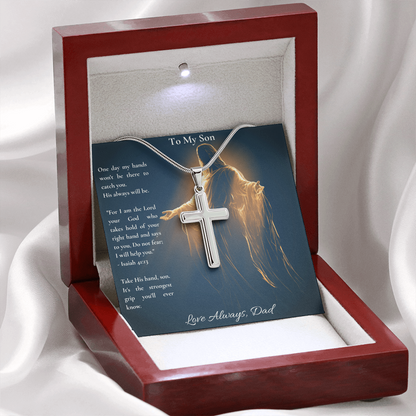 To My Son – "Take His Hand" Artisan Cross Necklace with Snake Chain | Faith Gift From Dad With Isaiah 41:13 Message Card