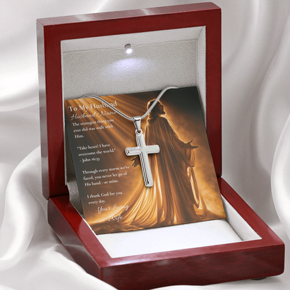 Cross pendant and husband message card in a mahogany luxury box on white fabric