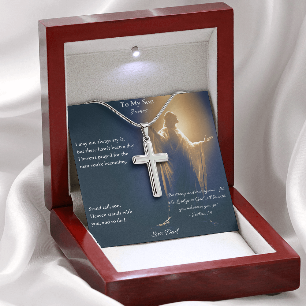 Cross pendant and be courageous son card in a red luxury box on white fabric