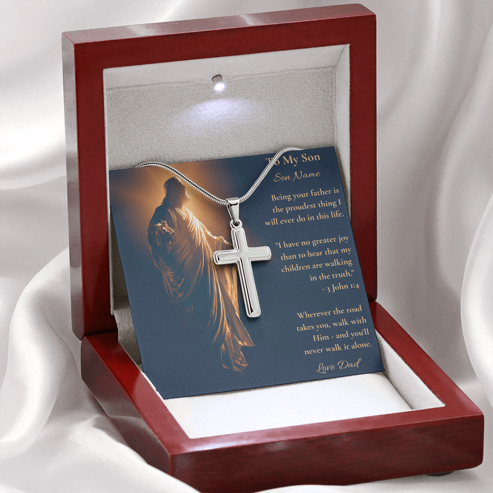 Cross pendant necklace and To My Son card in a mahogany luxury box on white fabric