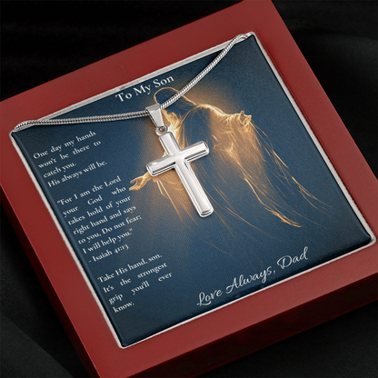 To My Son – "Take His Hand" Artisan Cross Necklace with Snake Chain | Faith Gift From Dad With Isaiah 41:13 Message Card