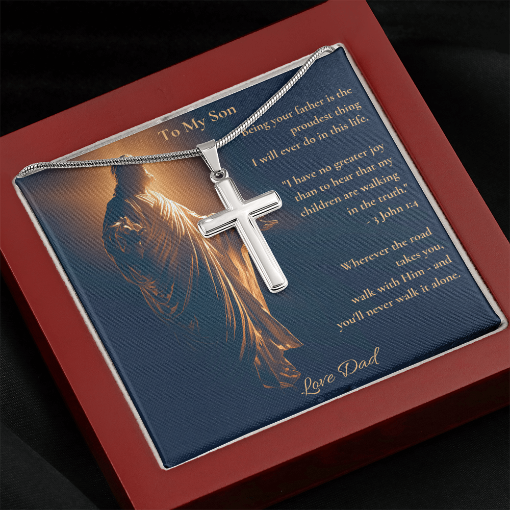 To My Son – "Walk With Him" Artisan Cross Necklace | Faith Gift From Dad With Bible Verse Message Card