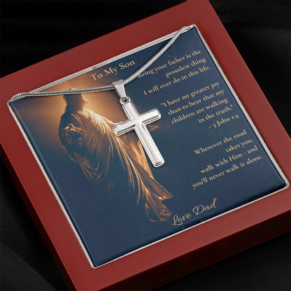 To My Son – "Walk With Him" Artisan Cross Necklace | Faith Gift From Dad With Bible Verse Message Card