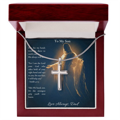 To My Son – "Take His Hand" Artisan Cross Necklace with Snake Chain | Faith Gift From Dad With Isaiah 41:13 Message Card
