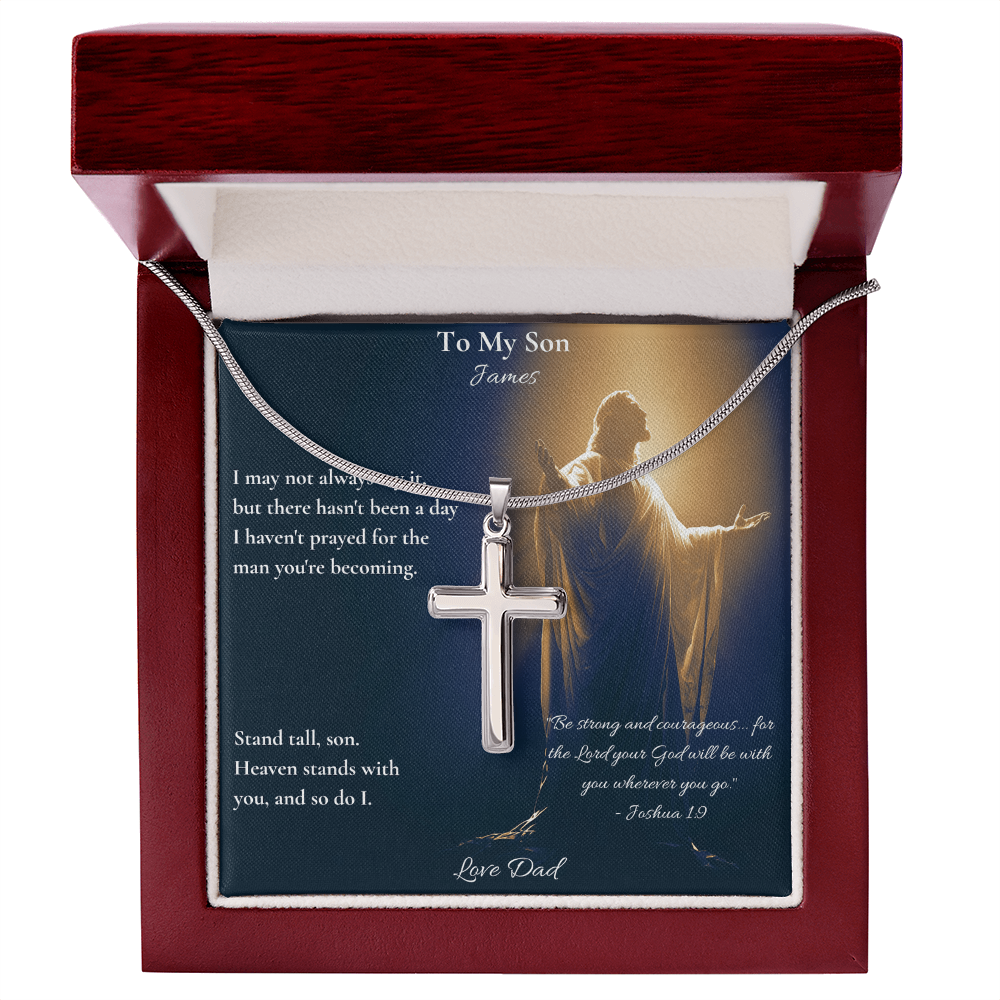 Silver cross necklace on a personalized To My Son card in an open mahogany luxury box