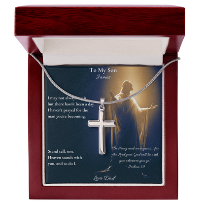 Silver cross necklace on a personalized To My Son card in an open mahogany luxury box