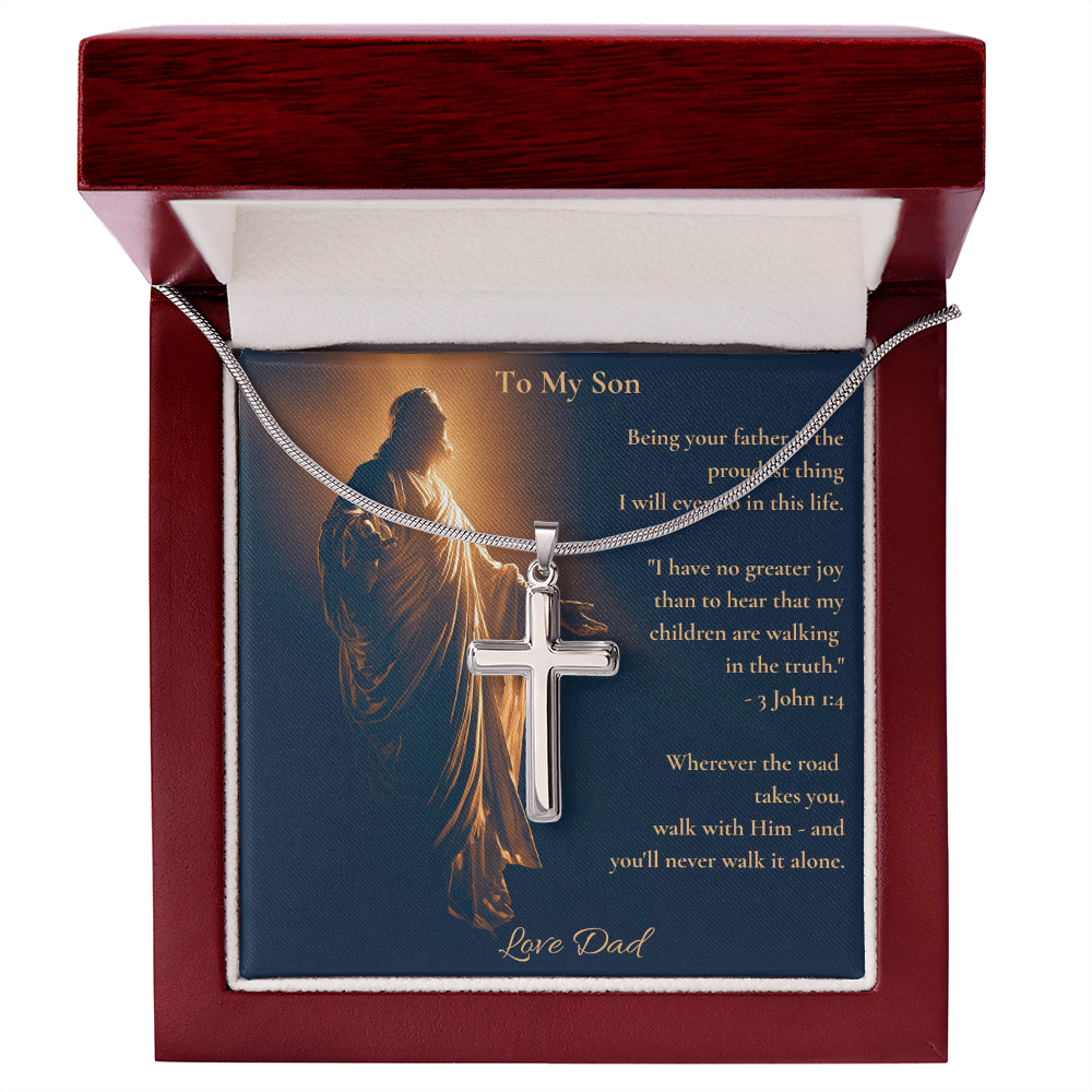 To My Son – "Walk With Him" Artisan Cross Necklace | Faith Gift From Dad With Bible Verse Message Card