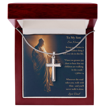 Silver cross necklace on a personalised 3 John 1:4 son card in an open wooden box