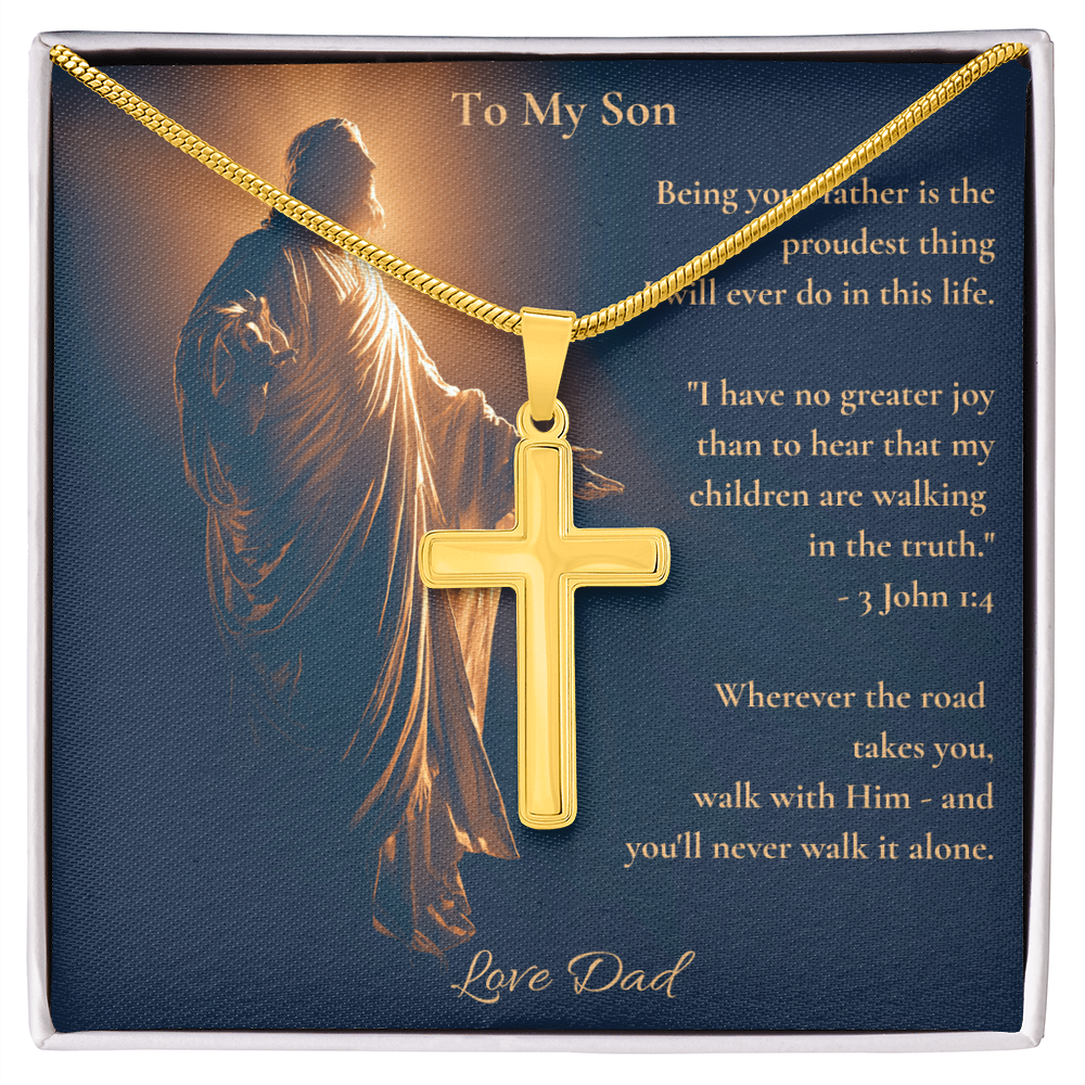 To My Son – "Walk With Him" Artisan Cross Necklace | Faith Gift From Dad With Bible Verse Message Card