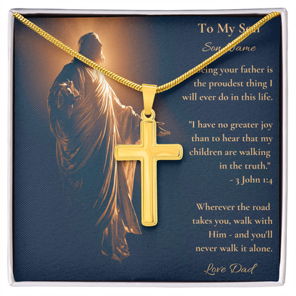 Gold cross necklace on a personalised 3 John 1:4 card for a son from dad