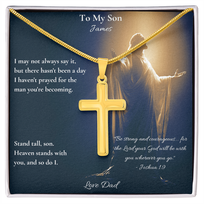Gold cross necklace on a personalized be strong and courageous card for a son from dad