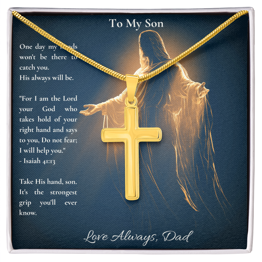 To My Son – "Take His Hand" Artisan Cross Necklace with Snake Chain | Faith Gift From Dad With Isaiah 41:13 Message Card