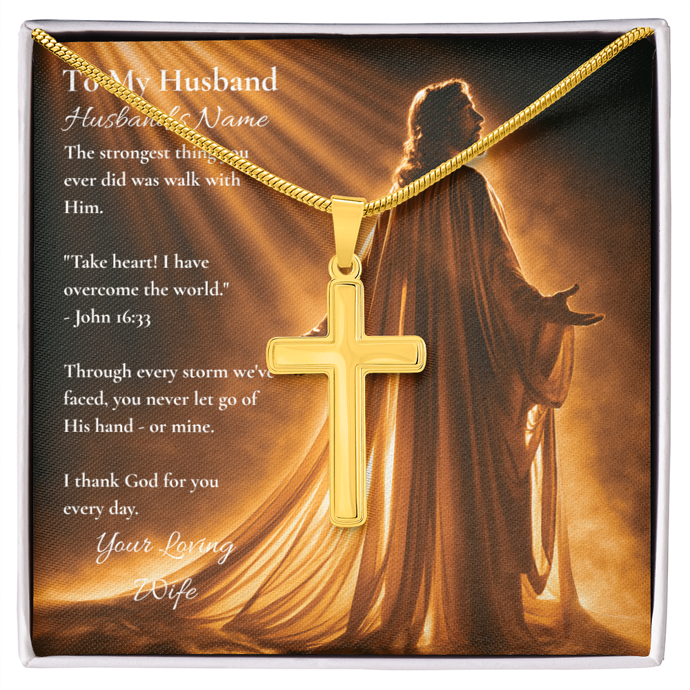 Gold cross necklace on a personalized John 16:33 card for a husband from wife