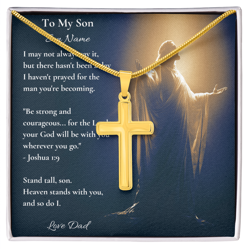 Gold cross necklace on a personalised Joshua 1:9 card for a son from dad