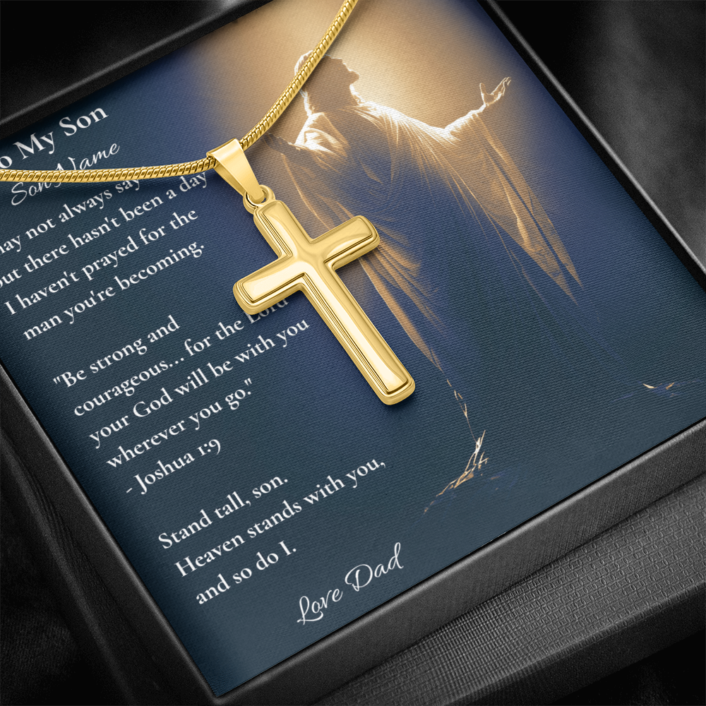Yellow gold cross pendant on a To My Son card with Joshua 1:9, dark background