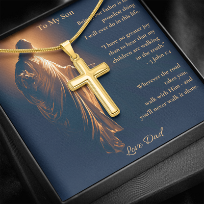To My Son – "Walk With Him" Artisan Cross Necklace | Faith Gift From Dad With Bible Verse Message Card