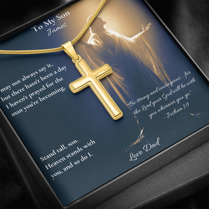 Yellow gold cross pendant on a To My Son card with Joshua 1:9, warm background