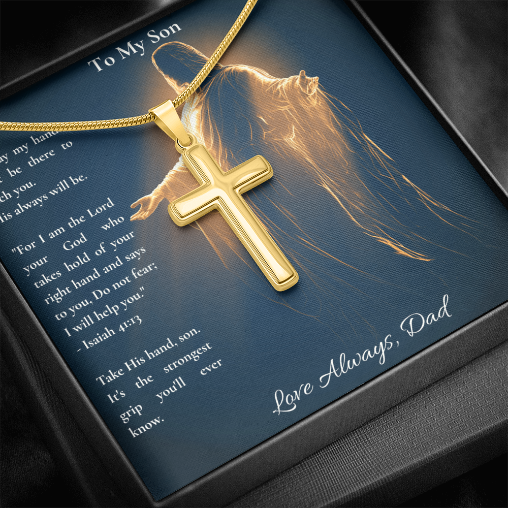 To My Son – "Take His Hand" Artisan Cross Necklace with Snake Chain | Faith Gift From Dad With Isaiah 41:13 Message Card