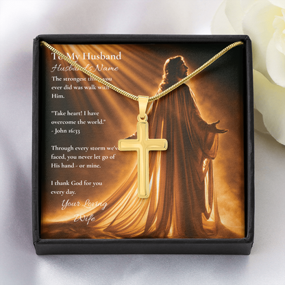 Gold artisan cross necklace on a personalized To My Husband message card from wife