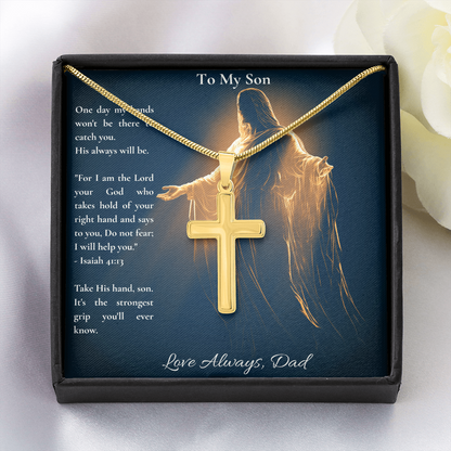 To My Son – "Take His Hand" Artisan Cross Necklace with Snake Chain | Faith Gift From Dad With Isaiah 41:13 Message Card