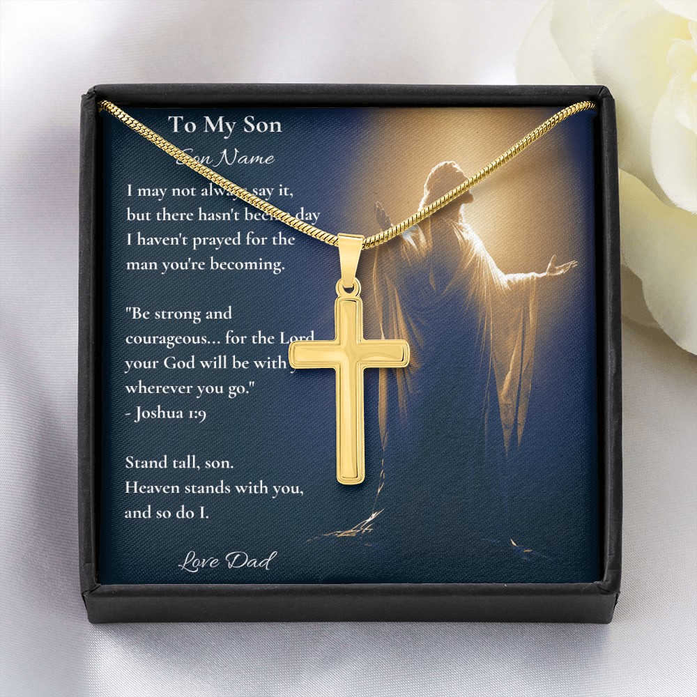 Gold artisan cross necklace on a personalised To My Son message card from dad