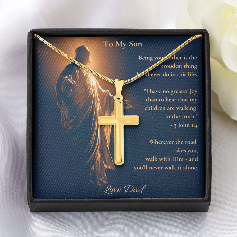 To My Son – "Walk With Him" Artisan Cross Necklace | Faith Gift From Dad With Bible Verse Message Card
