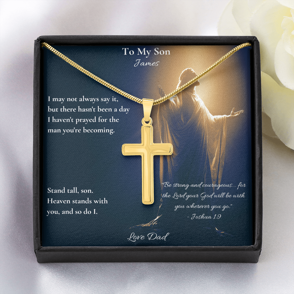 Gold artisan cross necklace on a personalized To My Son message card from dad