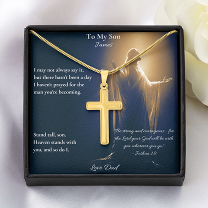 Gold artisan cross necklace on a personalized To My Son message card from dad