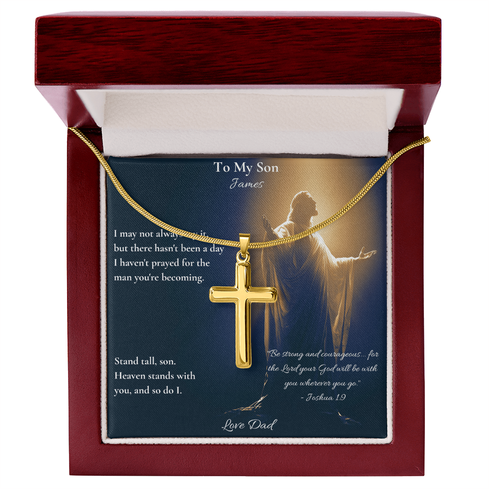 Gold cross necklace and Joshua 1:9 son card in an open red luxury box