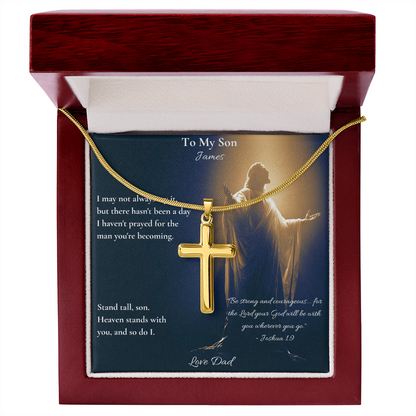 Gold cross necklace and Joshua 1:9 son card in an open red luxury box
